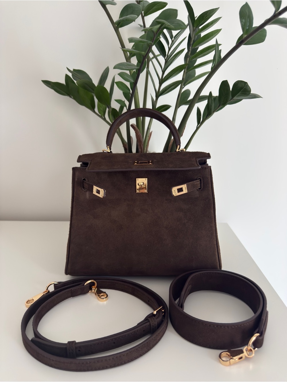 Kelly Inspired Genuine Suede Handbag Chocolate Brown - Picture 7 of 7